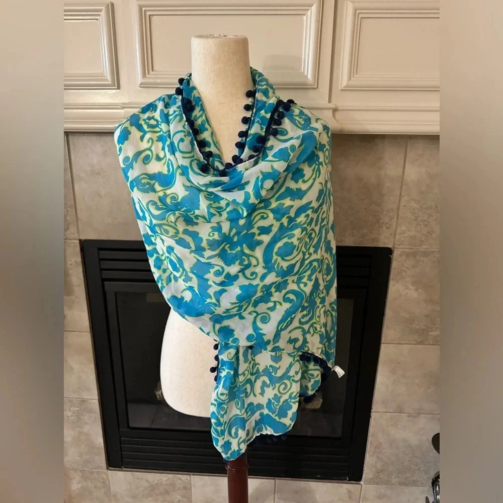 Charming Charlie Soft Floral Print Scarf with Pom Poms Borders